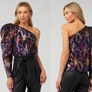 SABINA MUSAYEV Shimmer One Shoulder Puff Sleeve Top Black metallic floral print